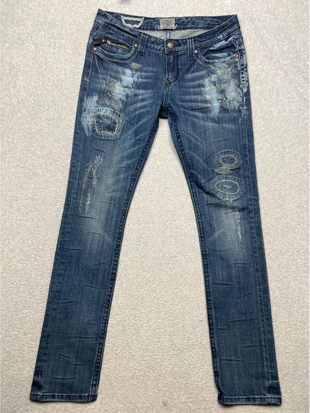 90s Y2k Express Rerock Distress Denim Jeans Womens 8 Embroidered Glam Rock